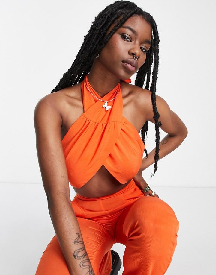 Heartbreak Halter Neck Cross Front Top In Orange - Part Of A Set