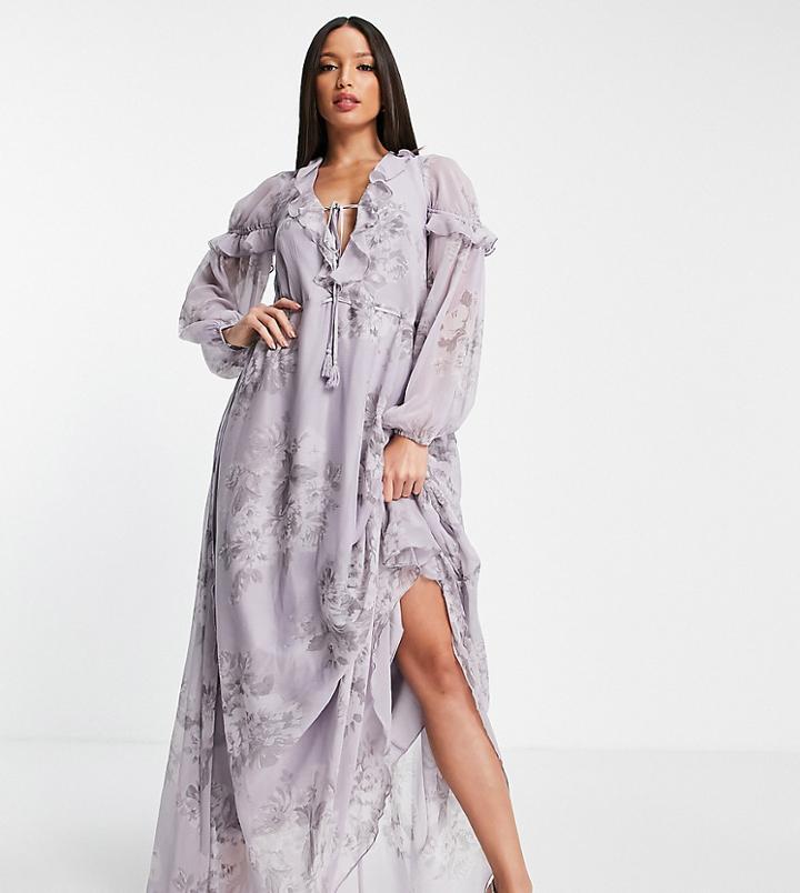 Asos Design Tall Ruffle Detail Plunge Maxi Dress With Tie Detail In Floral Print-multi