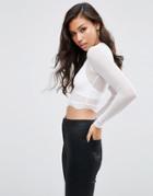Asos Top In Mesh With Long Sleeve And Lace Trim - White