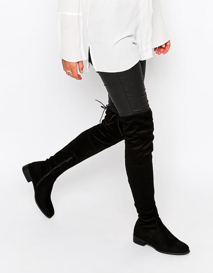 Public Desire Black Flat Tie Back Over The Knee Boot - Black
