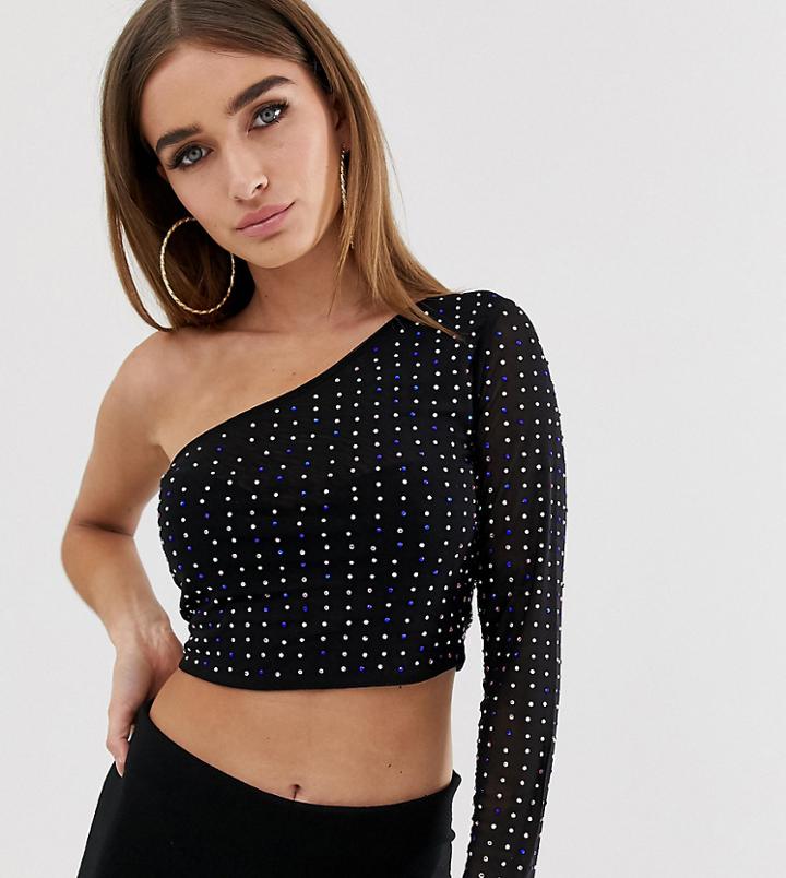Asos Design Petite One Shoulder Crop Top In Mesh With Crystal Studs-black