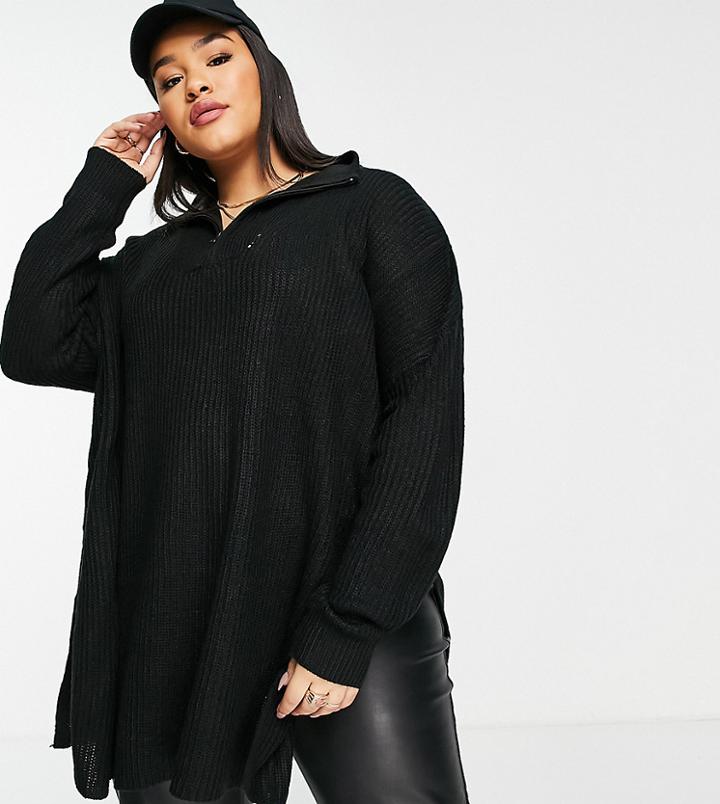 Yours Zip Up Sweater With Side Slits In Black