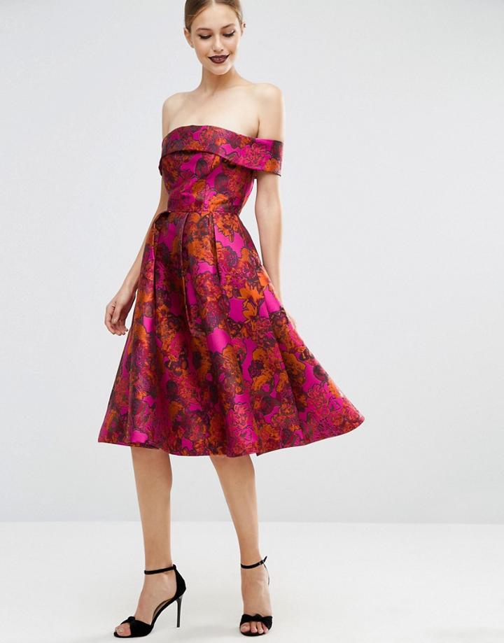 Asos Floral Jacquard Bardot Prom Dress - Pink