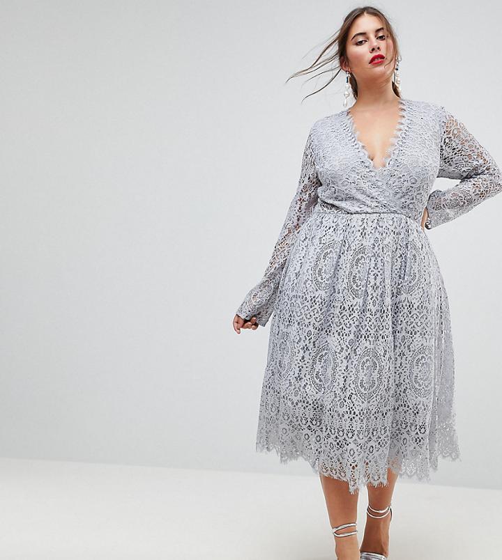 Asos Curve Long Sleeve Lace Midi Prom Dress - Gray