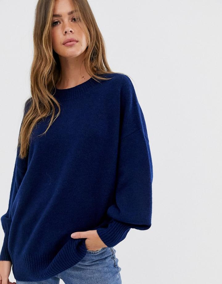 Asos Design Fluffy Oversized Sweater With Volume Sleeve In Recycled Blend-navy