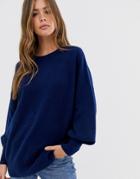 Asos Design Fluffy Oversized Sweater With Volume Sleeve In Recycled Blend-navy