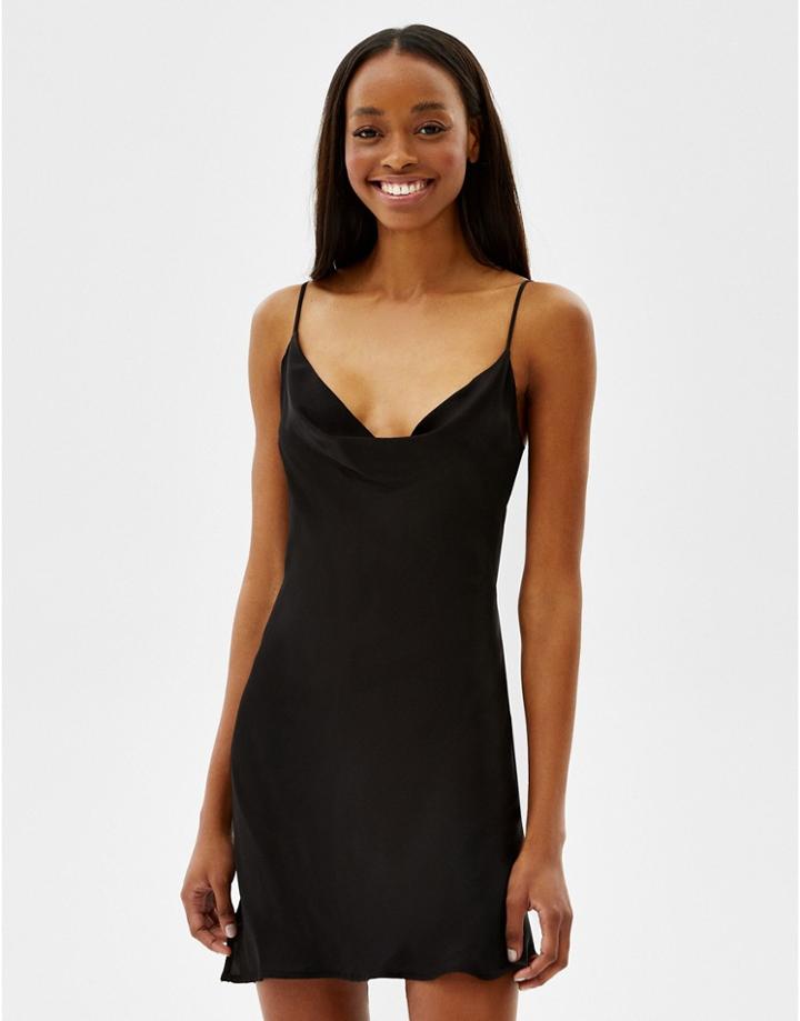 Bershka Cowl Neck Satin Mini Dress In Green-black