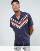 Asos Tall Regular Fit Chevron Stripe Shirt With Revere Collar - Navy
