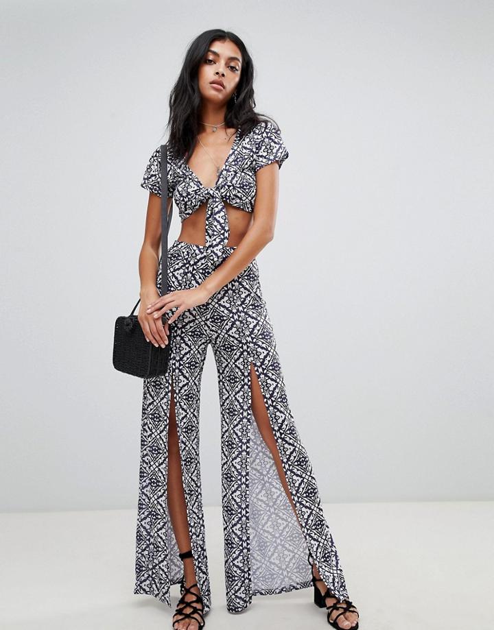 Asos Design Mosaic Tile Split Front Jersey Beach Two-piece Pants - Multi