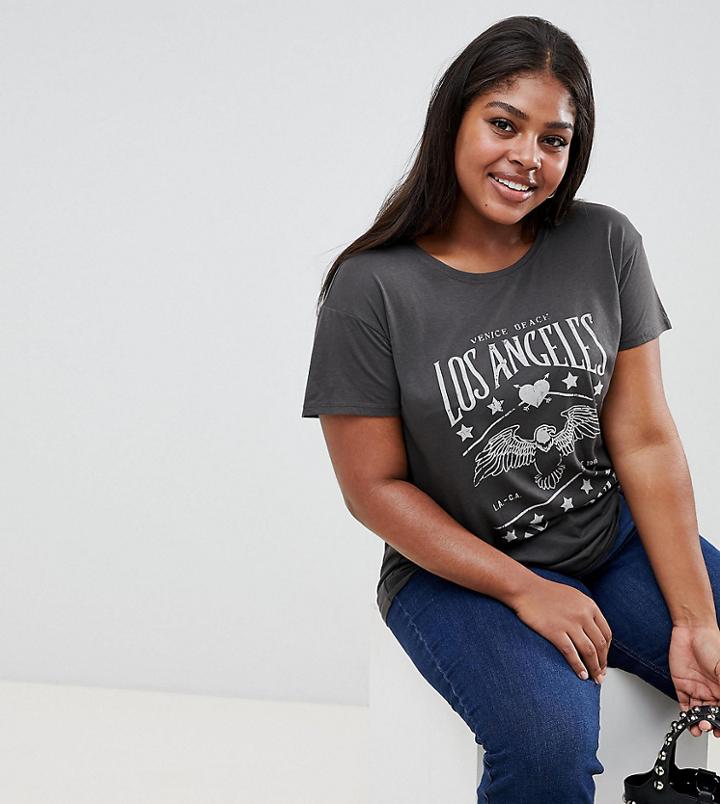 New Look Curve La Eagle Print Tee - Gray
