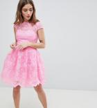 Chi Chi London Petite Premium Lace Mini Dress With Scalloped Neck And Cap Sleeve-pink