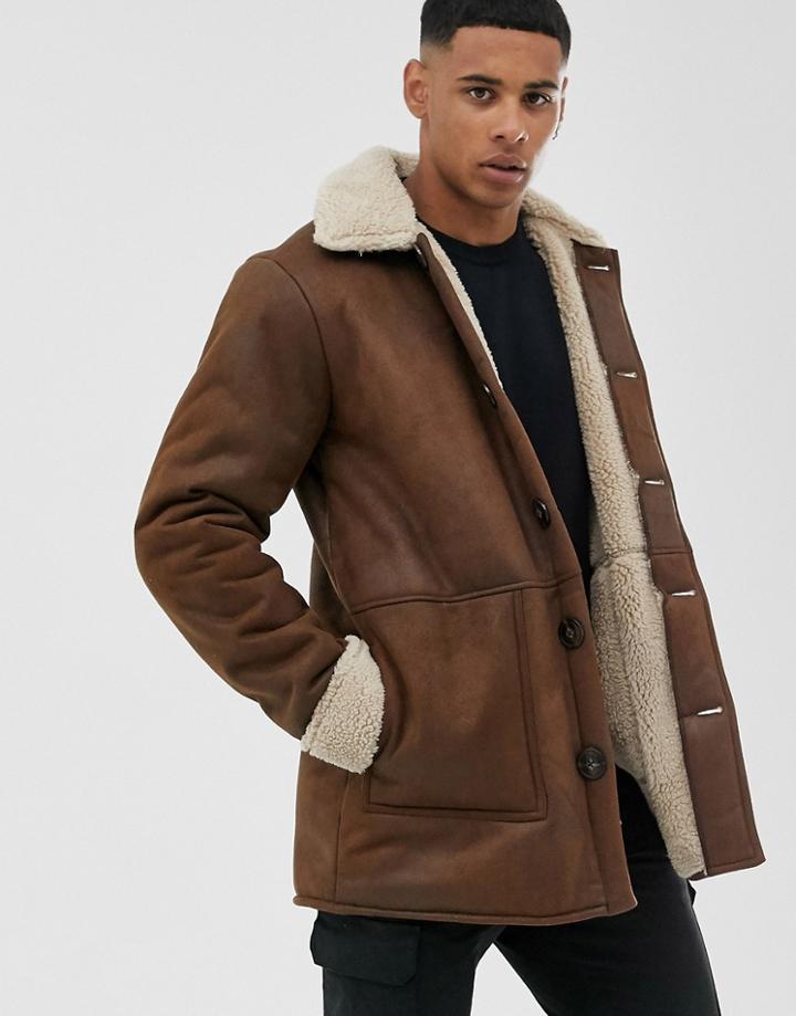 Only & Sons Faux Suede Fleece Lined Coat In Tan