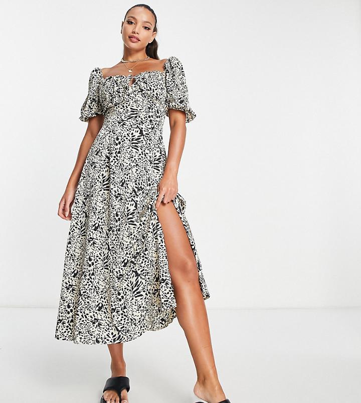 Missguided Tall Milkmaid Midaxi Dress With Puff Sleeve In Animal Print-multi