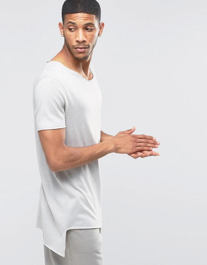 Asos Super Longline T-shirt With Curved V Neck And Pointed Hem - Sable