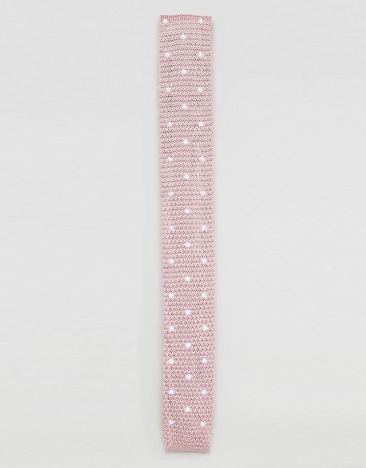 Asos Knitted Tie With Polka Dot In Dusty Pink - Pink