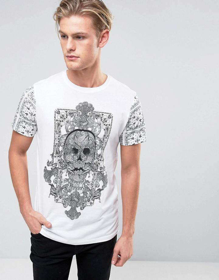 Brave Soul Skull Front And Sleeve Print T-shirt - White