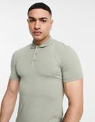 Asos Design Muscle Fit Jersey Polo In Washed Khaki-green