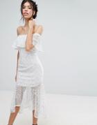 Love Triangle Lace Bardot Midi Dress With Peplum Hem - White