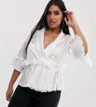 Outrageous Fortune Plus Wrap Front Top With Ruffle Pleat Detail In White - White