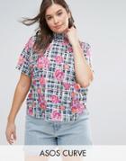 Asos Curve Top With Shirred Neck In Floral Check Print - Multi