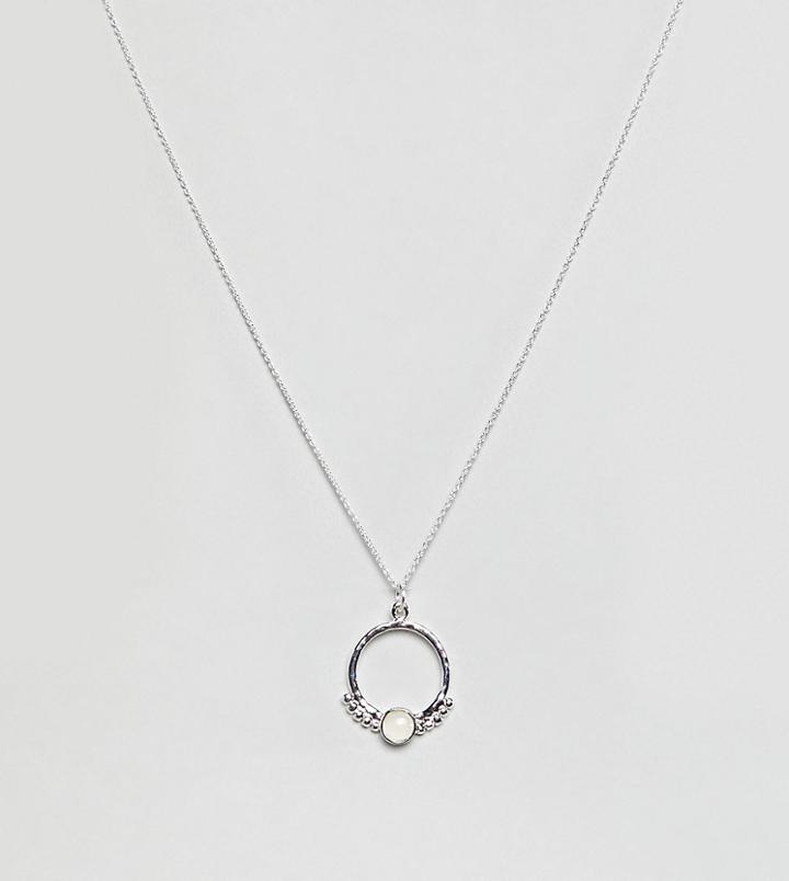 Asos Design Sterling Silver Faux Moonstone Engraved Hoop Pendant Necklace - Silver