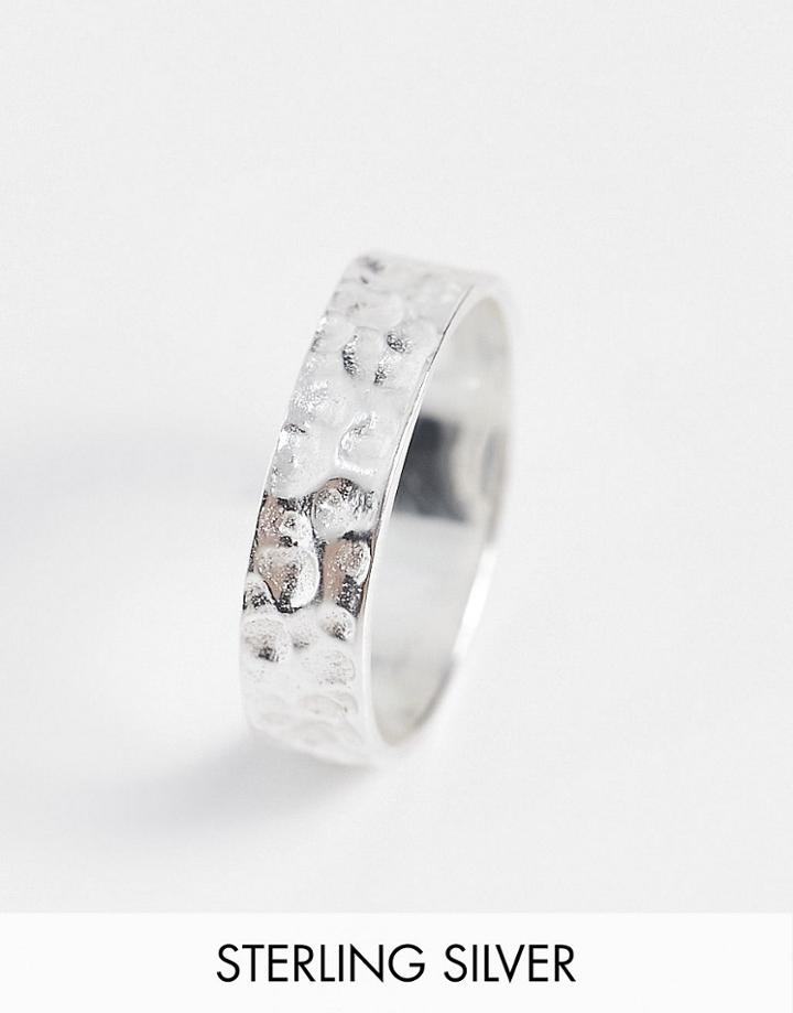 Asos Design Sterling Silver Band Ring With Hammered Design In Silver Tone