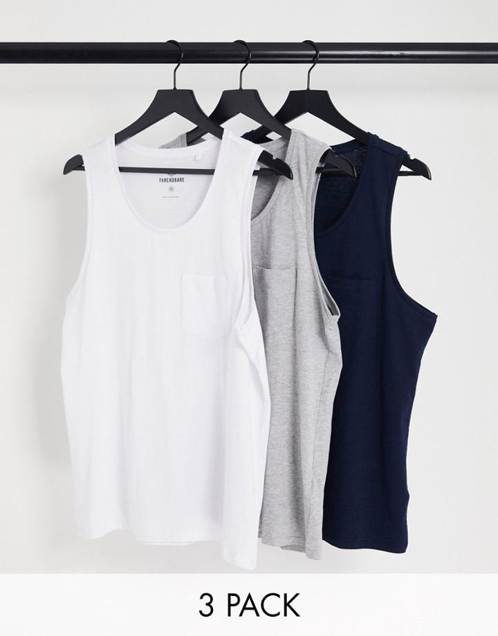 Threadbare 3 Pack Tank Tops In Navy White & Gray-multi
