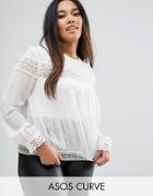 Asos Curve Pleated Blouse With Lace Inserts - Cream