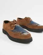 Asos Design Lace Up Shoes In Tan Suede With Geo-tribal Print And Creeper Sole - Tan