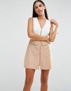 Ax Paris Zip Front A Line Skirt Dress - Cream