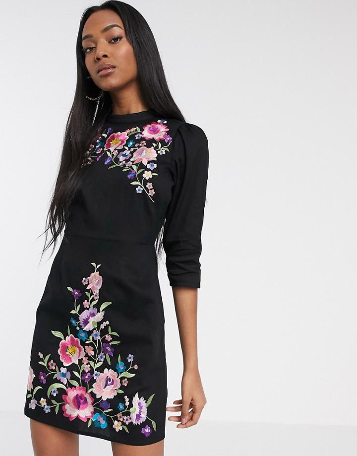 Asos Design High Neck Embroidered Mini Dress In Black