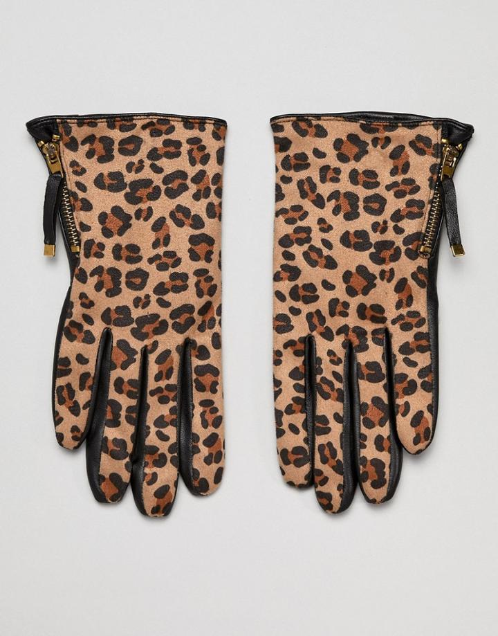 Barney's Originals Real Leather And Leopard Print Texture Gloves - Black