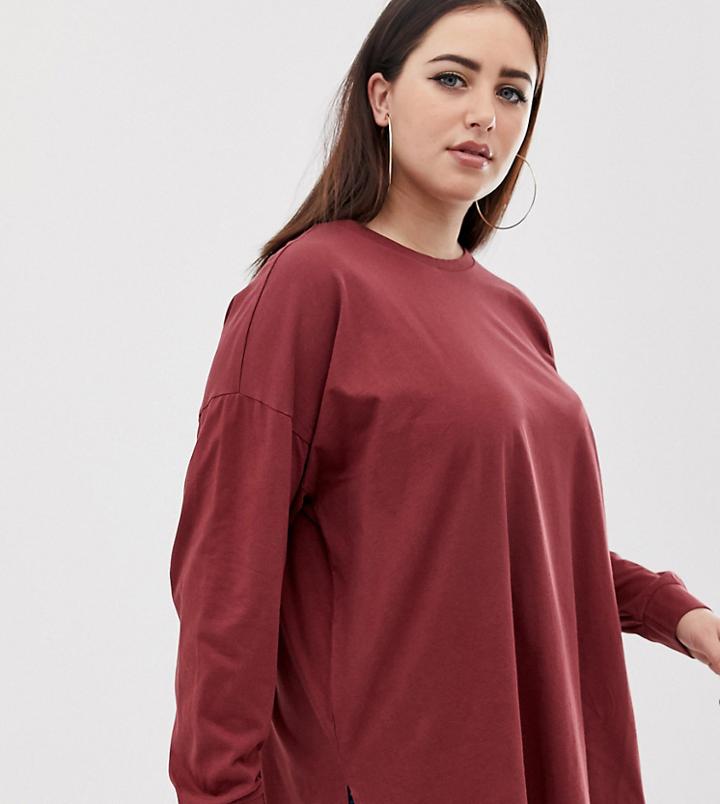 Asos Design Curve Organic Cotton Long Sleeve Washed Oversized Long Sleeve Top In Burgundy - Red