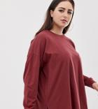 Asos Design Curve Organic Cotton Long Sleeve Washed Oversized Long Sleeve Top In Burgundy - Red