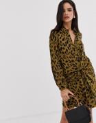 River Island Shirt Dress With Twist Front In Leopard Print-green
