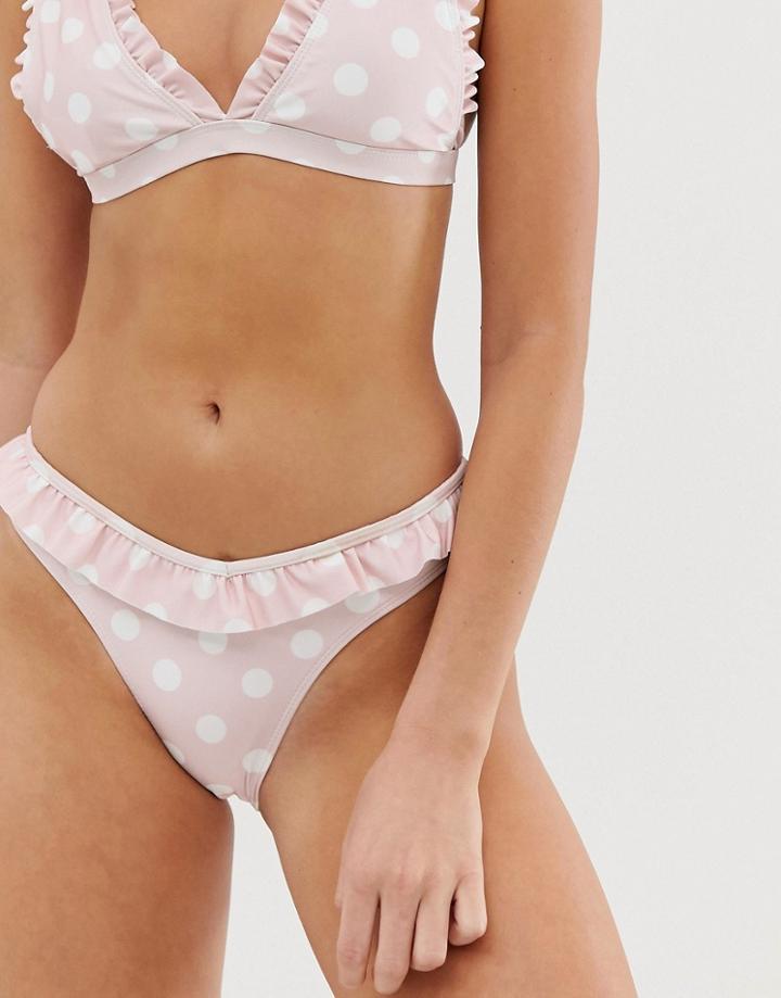 Boohoo Bikini Bottoms With Ruffle Trim In Pink Polka Dot - Pink