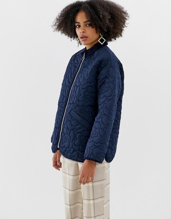Monki Zip Through Quilted Jacket In Navy - Navy