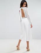 Asos Premium Lace Jumpsuit With Open Back And Culotte Leg - White