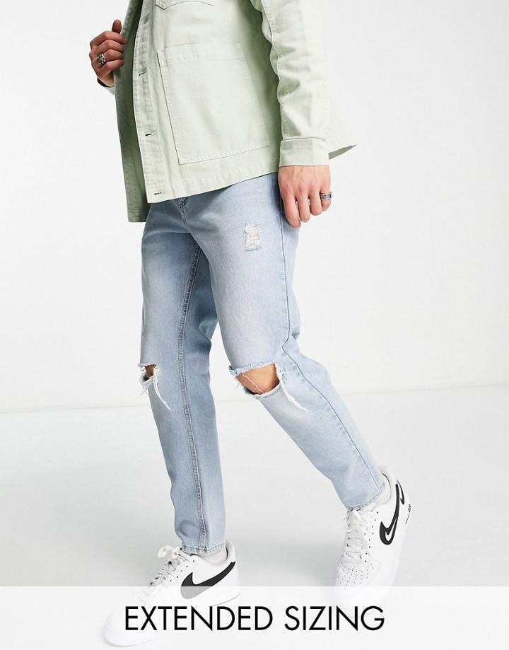 Asos Design Classic Rigid Jeans In Light Wash With Knee Rips-blue