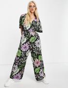 Liquorish Wrap Jumpsuit In Tropical Flower Print-multi