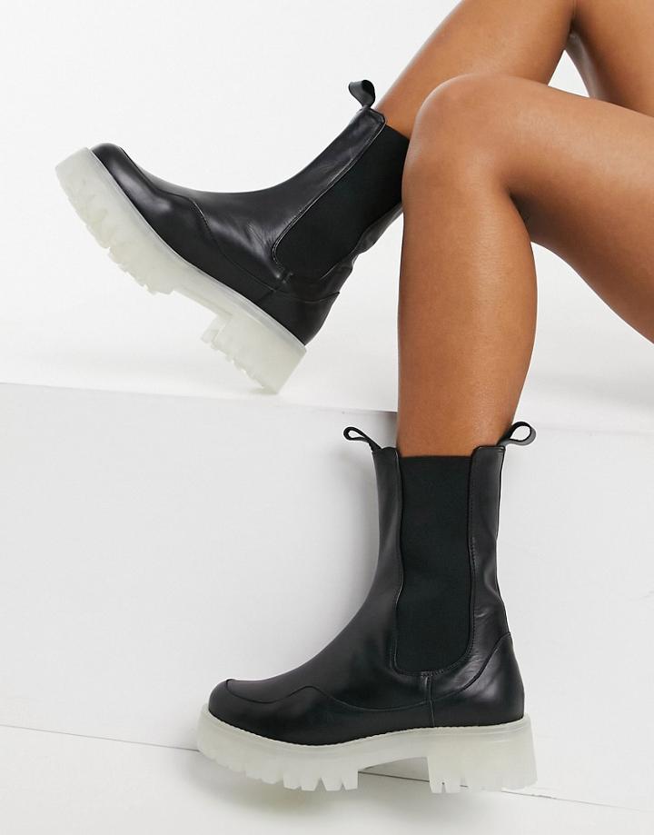 Asos Design Admire Premium Leather Chunky Chelsea Boots In Black And Clear