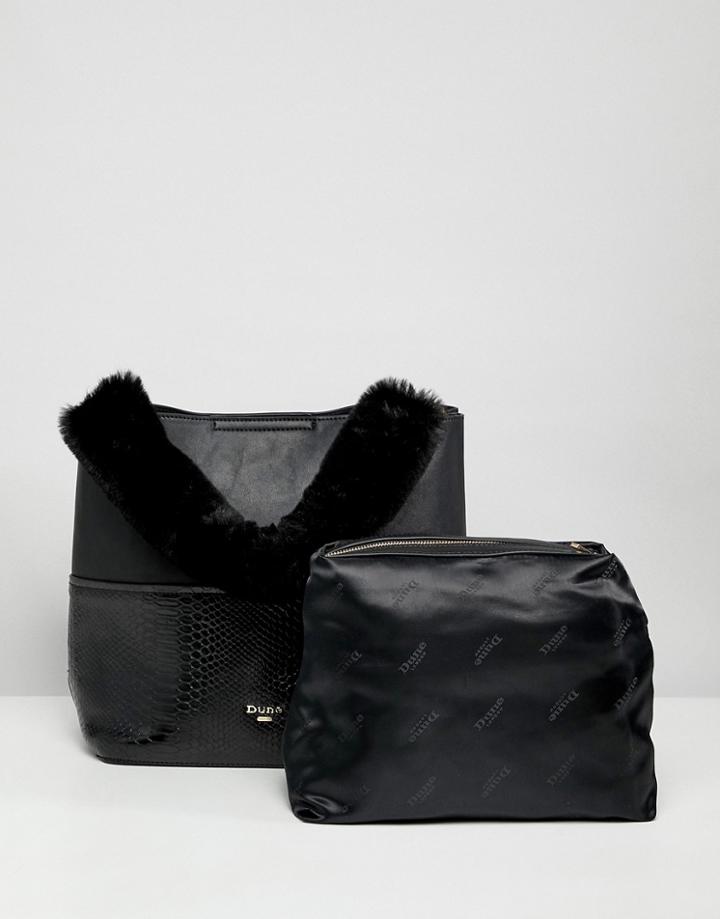 Dune Dixiee Black Faux Croc Tote Bag With Faux Fur Handle And Detachable Strap - Black