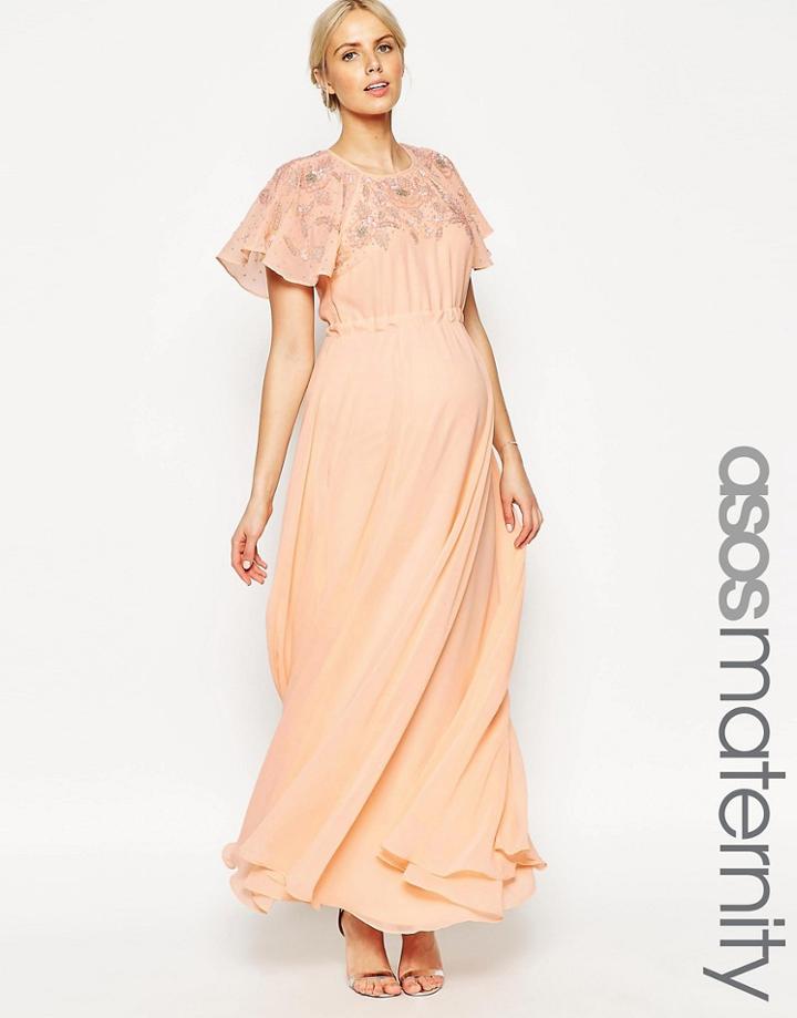 Asos Maternity Maxi Dress With Embellishment And Flutter Sleeve - Pink