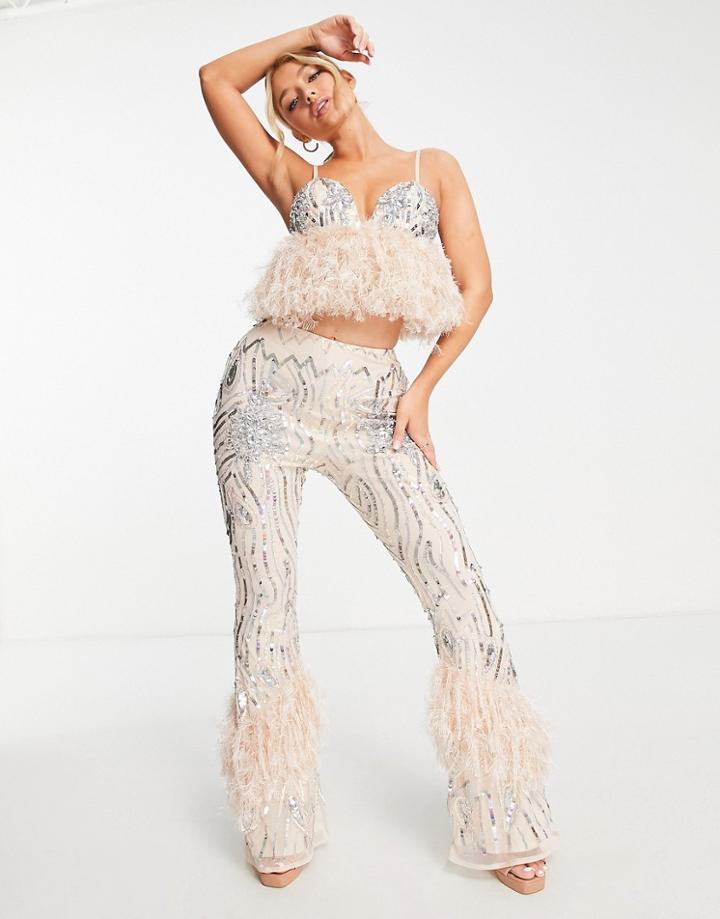 Asos Luxe Embellished Gemstone Kick Flare Pants With Faux Feather Hem In Blush-pink