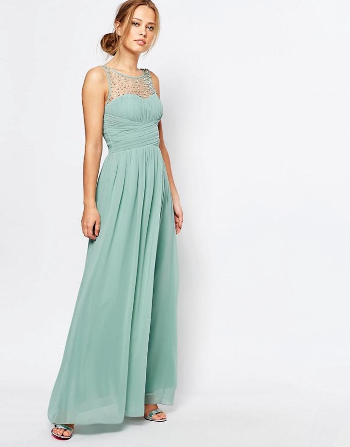 Little Mistress Gathered Maxi Dress With Diamante Trim - Sage Green