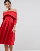 Asos Bardot Long Sleeve Dip Back Midi Prom Dress - Red