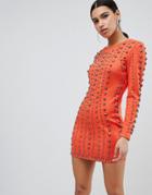 Club L Long Sleeve Stud Scuba Bodycon Dress - Orange