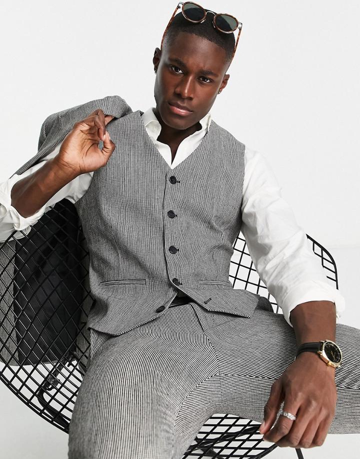 Asos Design Wedding Super Skinny Wool Mix Suit Vest In Monochrome Puppytooth-black