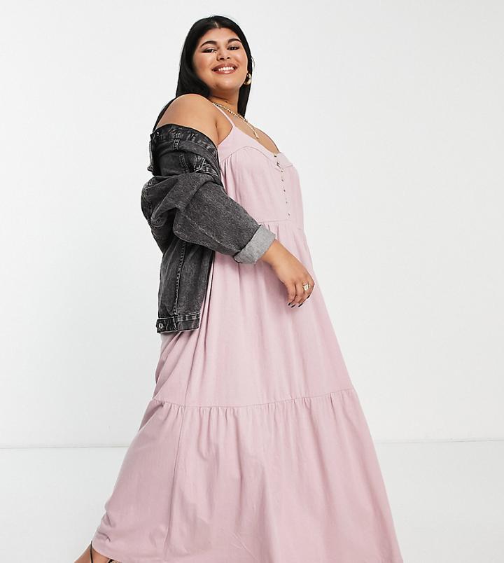 Asos Design Curve Tiered Cami Maxi Dress With Faux Shell Buttons In Rose-pink