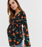 Influence Maternity Wrap Front Floral Blouse With Flared Sleeves-black